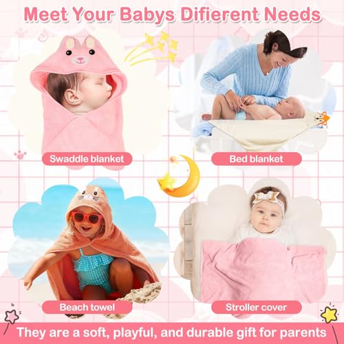 Sublaga 31x31 Inch Baby Hooded Towels, 12Pcs Baby Towels and Washcloths Set, Soft and Absorbent Baby Bath Towels, 3 PCS Cute 32x32 in Baby Towel with Hood and 9 Pcs Baby Washcloths for Boys and Girls - color: Pink Bunny, Orange Kitten, White Fox