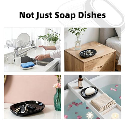 Ceramic Soap Dish for Bath Sink- Modern Black Bar Soap Holder for Shower - Easy to Clean Multi-Purpose Oval Soap Dishes for Soap Bar, Sponges, Jewelry, Small Items | Fits Bathroom & Kitchen - color: Black- Smooth Glossy