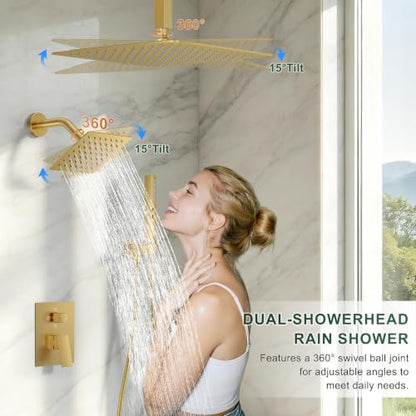 Rain Shower System with Rough-in Valve, Ceiling Mount Shower Faucet Set with 12" & 6" Dual Rain Shower Heads, 2-in-1 Handheld Shower, Tub Spout, 4-Function Complete Shower Fixture,Brushed Gold - color: Brushed Gold, size: Ceiling Mount-12"+6" head with Tu