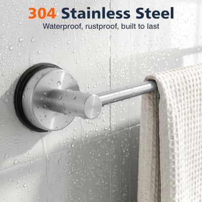 Luxspire Suction Cup Towel Bar No-Drill, Towel Rack 14-24 inch, Silver | Adjustable 14-24 inch, rustproof stainless steel rack, Heavy-duty wall mounted holder for Smooth Surface & bathroom wall - color: Silver