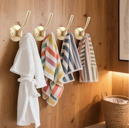 TOFIIGREM Gold Hat and Coat Hooks, 4 Pack Heavy Duty Coat Robe Hook, Metal Double Backpack Hook Wall Mounted, Towel Hooks for Bathroom Entryway Cubicle Closet Garage - color: Gold, size: 4 Pack