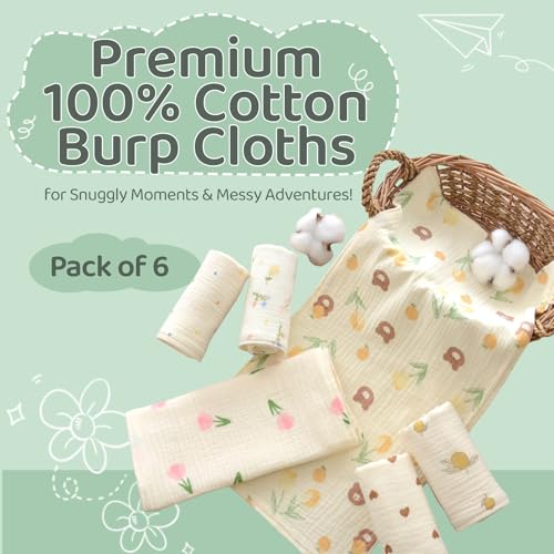 Baby Muslin Washcloths and Burp Cloths, Floral Pattern Cotton Face Towels, Burping Cloths for Newborn,6-Pack,10x20 inches