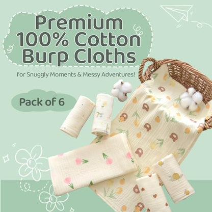 Baby Muslin Washcloths and Burp Cloths, Floral Pattern Cotton Face Towels, Burping Cloths for Newborn,6-Pack,10x20 inches