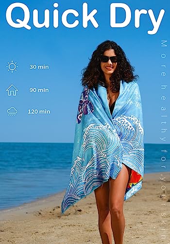 Widdonen Microfiber Beach Towel,Compact 2 Pack-71x32 Inch with Bag Travel | Extra Large,Lightweight,Thin,Sand Free,Quick Dry,Absorbent.Packable for Camping,Swim,Pool,Bath,Picnic,Cruise Essentials Gift - color: 2 Pack Turtle Blue Leaves Mo