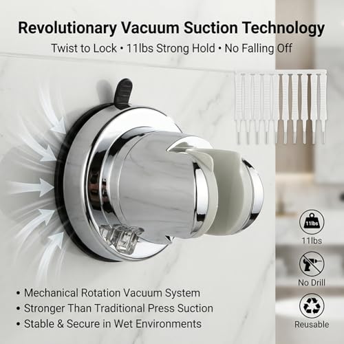 Shower Head Holder, No Drill Strong Suction Cup Shower Head Bracket, Adjustable Height & Angle Wall Mount for Handheld Showerhead, Reusable Tool-Free