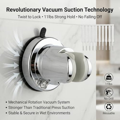 Shower Head Holder, No Drill Strong Suction Cup Shower Head Bracket, Adjustable Height & Angle Wall Mount for Handheld Showerhead, Reusable Tool-Free