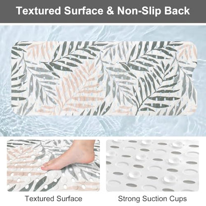Large Shower Mat Non Slip, Yonala Premium Anti Slip Bath Mat for Tub, 40 x 16 Inch Extra Long Bathtub Mat with Suction Cups and Drain Holes, Easy Clean - color: Leaf