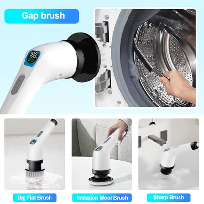 ALPONO Electric Spin Scrubber for Cleaning - Bathroom Floor Shower Scrubber with Long Handle Cordless Handheld Power Spin Brush, IPX7 7in1 400RPM LED-Screen Fast Charging