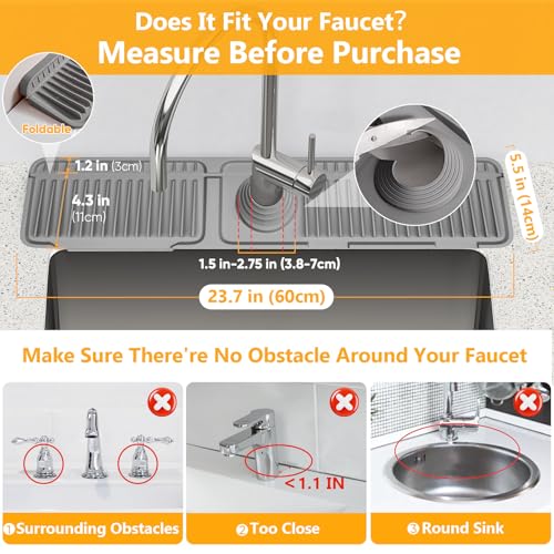 24'' Longer Faucet Mat for Kitchen Sink Splash Guard[7° Slope Fast Self-draining][Snap Lock Fit]Kitchen Sink Faucet Mat Splash Guard Kitchen Sink Area Water Splash Guard Behind Faucet Draining Mat - color: Gray, size: 24" x 5.5"