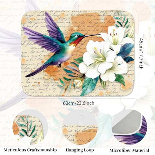 1pc Hummingbird Dish Drying Mat 23.6x17.7 Inch/60x45cm Lily Dishes Drainer Mat Microfiber Polyester Cotton Absorbent Draining Pad Heat Resistant Coffee Bar Counter Mat Foldable Hanging Loop - style: Hummingbird flower