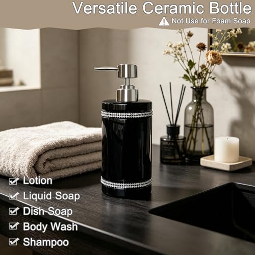 Black Ceramic Soap Dispenser with Silver Pump for Bathroom, Refillable Liquid Hand Soap Dispenser, Bling Moissanite Design for Kitchen Dish Soap, Hand Soap, Pump Bottle for Liquid (Black) - color: Black