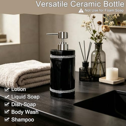 Black Ceramic Soap Dispenser with Silver Pump for Bathroom, Refillable Liquid Hand Soap Dispenser, Bling Moissanite Design for Kitchen Dish Soap, Hand Soap, Pump Bottle for Liquid (Black) - color: Black