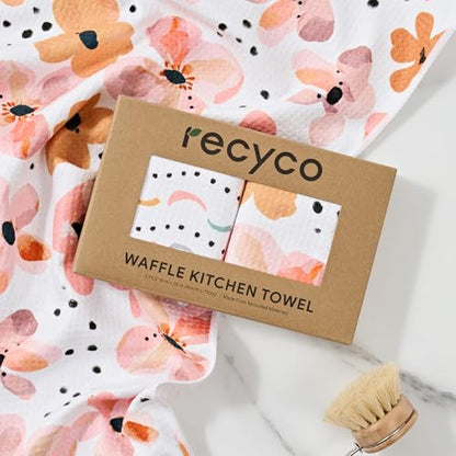 RECYCO Waffle Kitchen Towel Set of 2 - Quick Dry Microfiber Sustainable Dish Towels - Ultra Absorbent Reusable Cleaning Tea Towels - Lightweight Hand Towels,16”x 28”, Blossom Breeze - color: Blossom Breeze