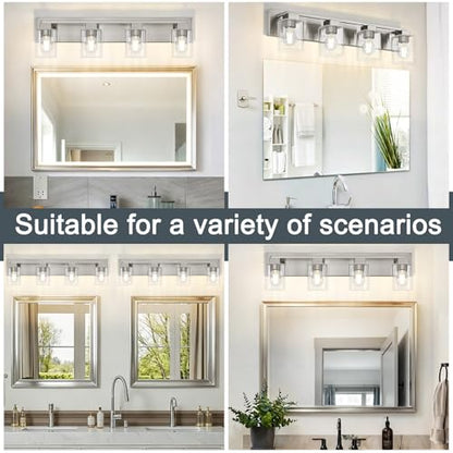 4-Light Brushed Nickel Bathroom Light Fixtures, with Clear Glass Shade | 29.5 Inch Bathroom Lighting Fixtures Over Mirror, Modern Wall Light, bathroom vanity light E26 Socket, ETL - color: Brushed Nickel, size: 4-Light