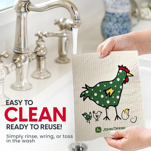 John Deere Chix Chickens - Swedish Dishcloth Reusable Towel Set for Kitchen | Biodegradable Absorbent Cleaning Washcloths for Dishes, Household Surfaces | Washable, & Quick Drying | 2-Pack - color: Chix Towle