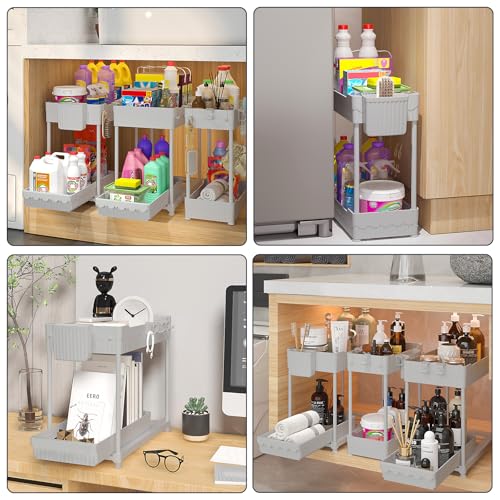3 Pack Under Sink Organizers, 2-Tier Multi-Use Kitchen and Bathroom Organizers and Storage with Sliding Drawers, Bathroom Cabinet Organizer (Gray, 14.8 Inch) | Multi-use kitchen & bathroom storage, 14.8 inch gray cabinet organizer, space-saving sliding dr