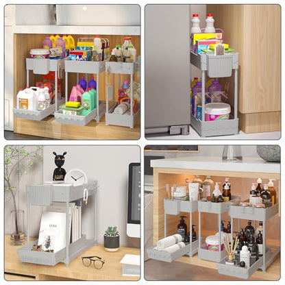 3 Pack Under Sink Organizers, 2-Tier Multi-Use Kitchen and Bathroom Organizers and Storage with Sliding Drawers, Bathroom Cabinet Organizer (Gray, 14.8 Inch) | Multi-use kitchen & bathroom storage, 14.8 inch gray cabinet organizer, space-saving sliding dr