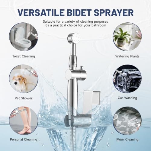 Chrome Handheld Bidet Sprayer Attachment for Toilet, Brass | Adjustable Length Spray Heads, with Bidet Hose, Cloth Diaper Sprayer Bidets for Attachment Toilet, Wall or Toilet Mount