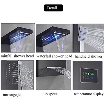 LED Light Shower Panel Tower Rainfall Waterfall Shower Head with Massager Jets Body System Jet Black B (Color : Black B) - color: Black B