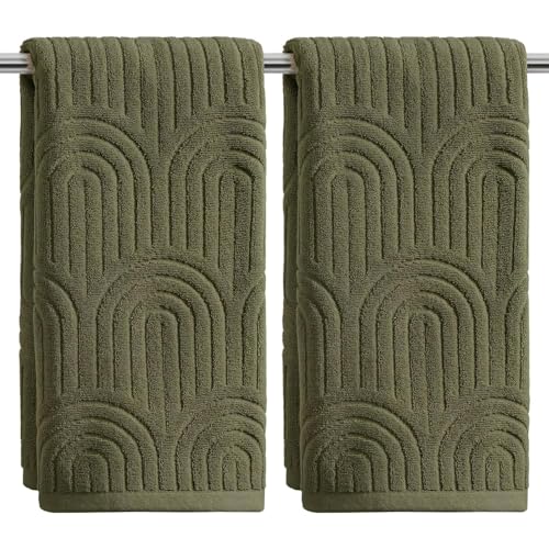 Artoid Mode 2 Pcs Olive Green 3D Arched Stripes Jacquard Hand Towels for Bathroom, 100% Cotton Soft Absorbent Bathroom Decor Towels, 13.7 x 29.5 Inch - color: Olive Green, size: 13.7" x 29.5", 2PCS