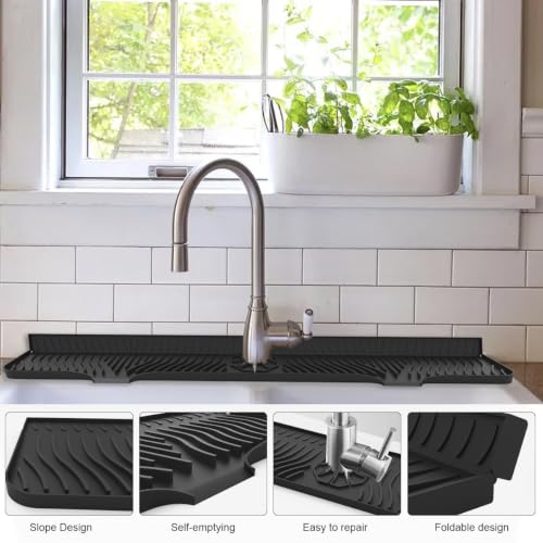 33 Inch sink splash guard Silicone Splash Guard Mat for Faucet, Narrow Edge Water Barrier for Kitchen Sink And Bathroom Washbasin (Black) (Black)