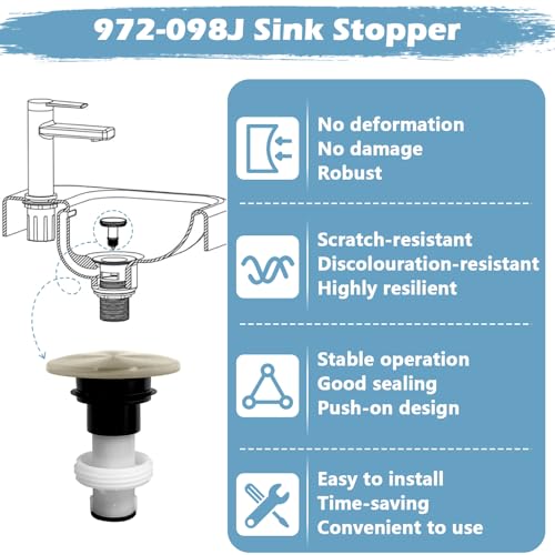 972-098J Plumbing-Equipment Brushed Nickel Drain Sink Stopper | 972098J Drain Sink Plug Part Push & Seal Drain Stopper Assembly 35338-06XX