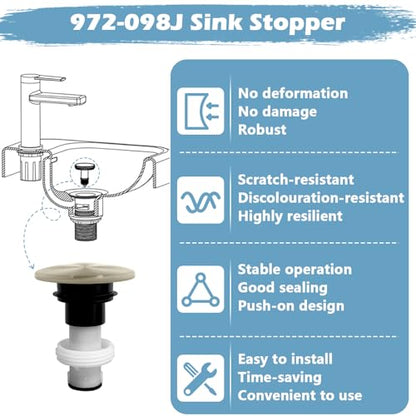972-098J Plumbing-Equipment Brushed Nickel Drain Sink Stopper | 972098J Drain Sink Plug Part Push & Seal Drain Stopper Assembly 35338-06XX