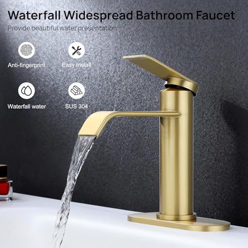 Bathroom Faucet 1 Hole with Metal Pop-up Drain - Brushed Gold | Single Handle Bathroom Sink Faucet with Supply Lines and Deck, Modern Waterfall Bathroom Faucets, G-7001BG - color: Gold