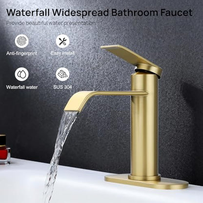Bathroom Faucet 1 Hole with Metal Pop-up Drain - Brushed Gold | Single Handle Bathroom Sink Faucet with Supply Lines and Deck, Modern Waterfall Bathroom Faucets, G-7001BG - color: Gold