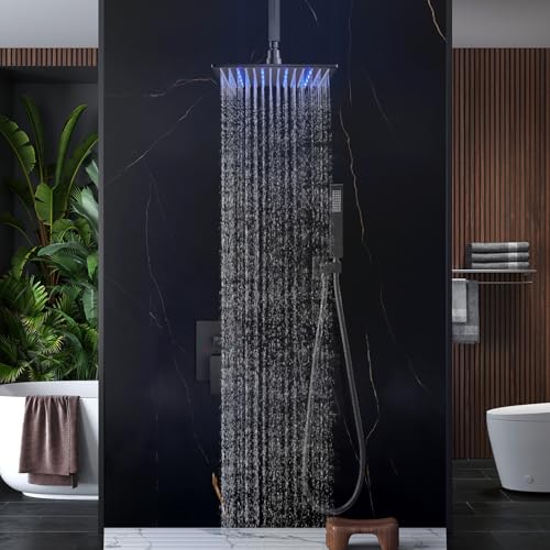 Aolemi Ceiling Shower Faucet Set with Handheld 16" LED Head Matte Black | Handheld Spray,16 Inch Rain LED Head,Shower Valve and Trim Kit,All Metal,Ceiling System,Bathroom Mixer - color: Black, size: 16 Inch LED Shower Head