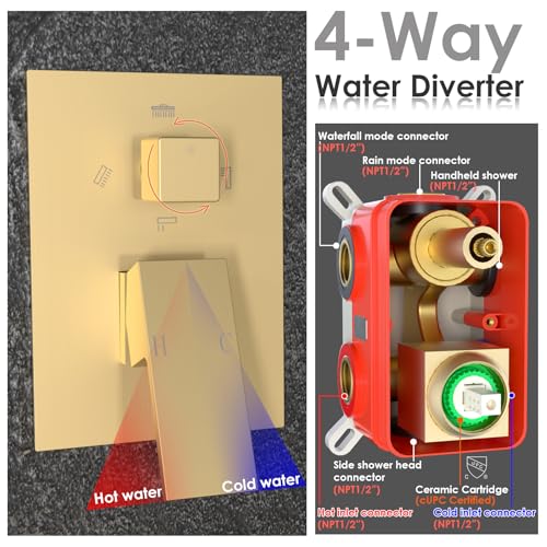 ENGA Dual Rain LED Shower System, 14"x20" Large Shower Head + 6" Wall Shower, 4 Body Jets with Individual On/Off & Adjustable Water Pressure, Rainfall Shower Faucet Set, Brushed Gold - color: Brushed Gold, style: 14X20" Led Shower - Body Jets