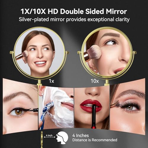 Nicesail 8" Face 10X Tabletop Vanity Mirror, Shiny Gold, Height Adjustable | 15-19" Tall Table Mirror, 1X 10X Magnifying Mirror Double Sided for Makeup &Shaving, Desk Vanity Mirror 360 Rotation Bathroom