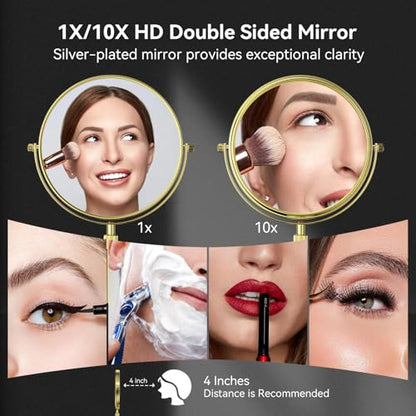 Nicesail 8" Face 10X Tabletop Vanity Mirror, Shiny Gold, Height Adjustable | 15-19" Tall Table Mirror, 1X 10X Magnifying Mirror Double Sided for Makeup &Shaving, Desk Vanity Mirror 360 Rotation Bathroom