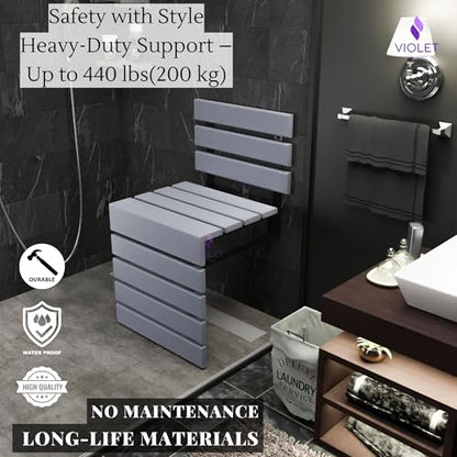 Folding Wall Mounted Teak Wood Shower Seat with Backrest, Water Resistant Foldable Bathroom Stool with Legs, Premium Materials Handmade Shoe Changing Bench, Space Saving and Super Safe Chair (Gray) - color: Gray