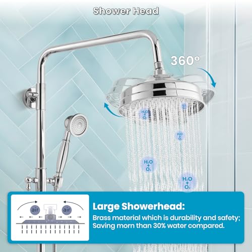 gotonovo Exposed Shower System Wall Mount,Polish Chrome,Metal Handheld | 8” Rain Shower Head Faucet Set Fixtures,2 Function,Two Cross Handle,Height Adjustable,for 5-6.7" Hole,Indoor Victorian Retro - color: Chrome