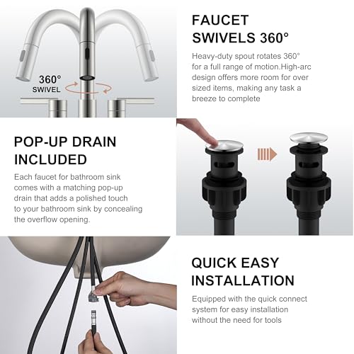 Brushed Nickel Pull Down Bathroom Faucet, 4 Inch 2 Handle Centerset | Pull Out Bathroom Faucet with Pop Up Drain & Supply Lines, Lead-Free cUPC & NSF Certified, 3 Hole Faucet for Vanity RV Bar - color: Brushed Nickel