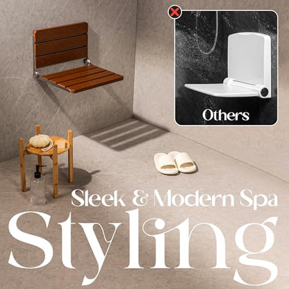 Foldable Wall Mounted Shower Seat with Stainless Steel Frame – Solid Teak Wood Shower Chair for Elderly and Disabled – Smooth Edges & Sturdy Structure – 400 Lbs Load Capacity