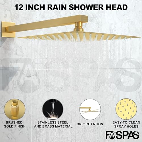 Shower System with 12-Inch Rain Head and Tub Spout | All-Metal Tub Shower Faucet Set, Wall Mounted Rain Showerhead, Handheld Spray, Includes Valve and Trim Kit, Brushed Gold - color: Brushed Gold, style: 12"-With Tub Spout