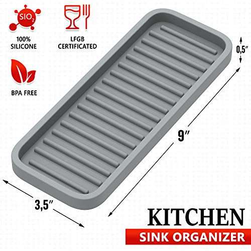 ZAPPOWARE Silicone Kitchen Sink Caddy Sponge Holder 9"x3.5" Gray - Bathroom Vanity Tray Organizer, Soap Tray for Dish Scrubber, Soap Dispenser - size: 9"x3.5"