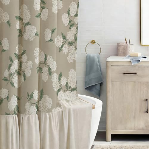 ORTIGIA Linen Textured Ruffle Shower Curtain with Metal Hooks, Off-White Cream Floral Hydrangea Waterproof Bath Curtain for Rustic Farmhouse Bathroom Decor 72x72 Inch - color: Beige Floral Hydrangea, size: 72"W x 72"L (Pack of 1)