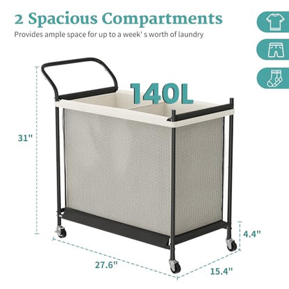 Laundry Hamper with Wheels - 2 Section Laundry Basket 140L, Removable Washable Bags, Height-Fitted Rolling Laundry Cart for Laundry Room & Bedroom - size: 140L(2-Section)