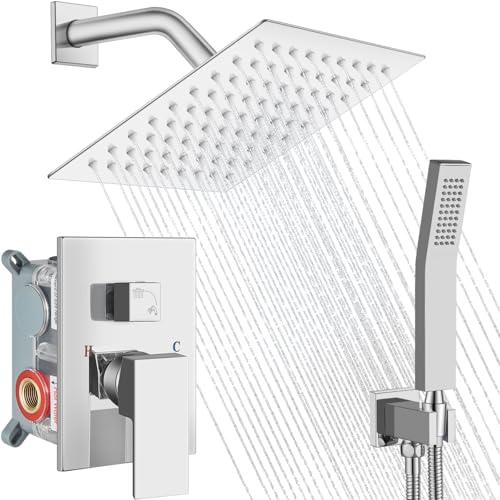 Midanya Shower Faucet Set with Handheld Sprayer,8 Inch,Polish Chrome | Rough-in Shower Valve and Trim Kit Included,Square Rain Head,Wall Mount Shower System,All Metal,Bathroom - color: Chrome, size: 8 Inch