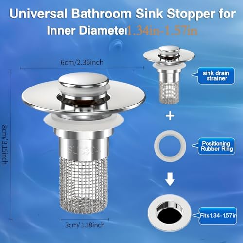 2 PCS Pressure Bounce Plug for Bathroom Sink 2.36 Inch Abs Push Type Drain Stopper with Hair Catcher Easy Install Strainer for Washbasin Use