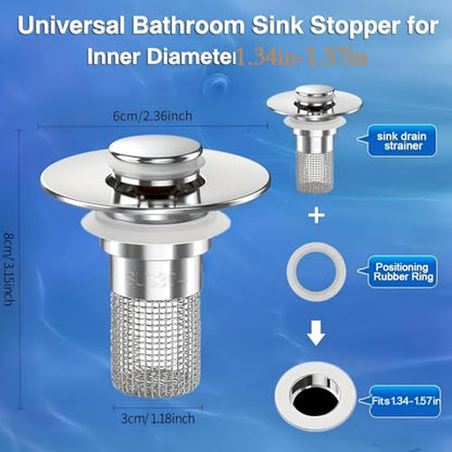 2 PCS Pressure Bounce Plug for Bathroom Sink 2.36 Inch Abs Push Type Drain Stopper with Hair Catcher Easy Install Strainer for Washbasin Use
