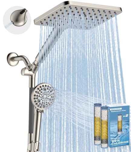 MakeFit Dual Filtered Rain Shower Head Combo, High Pressure Handheld Shower Head with Adjustable Bar - Rainfall Shower Head And Showerhead with Filter for Hard Water - Removes Chlorine - color: Brushed Nickel, size: 10 Inch Filtered