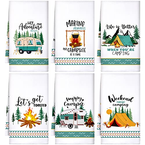 Boyiee Set of 6 Camping Kitchen Towels White Absorbent Dishcloth Gifts | Bonfire Tent Car Tea Towels 24 x 16 Inches with Funny Sayings Novelty Gifts for Rv Campers Camping Accessories - color: Camping