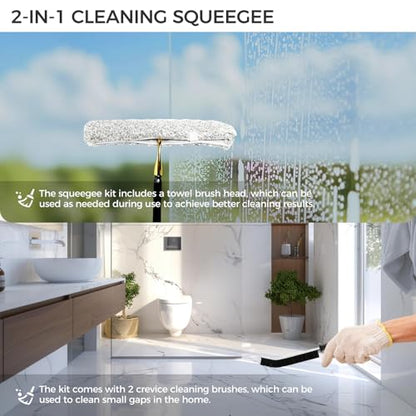 17“- 60" Extendable Long Handle 2-in-1 Window Squeegee Gold | 12.4" Wide Metal Shower Squeegee for Glass Doors, 2-in-1 Squeegee for Home Window Cleaning, Tile Wall, Car - color: Black/Gold