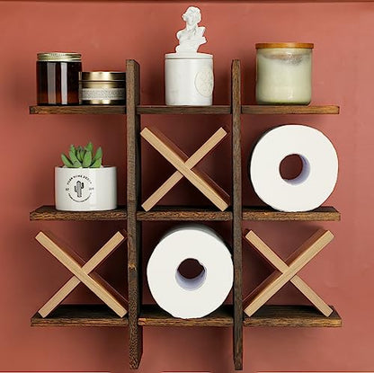 Weysat Tic Tac Toe Toilet Paper Holder Stand Bathroom Wall Decor Rustic Wooden Hanging Storage Freestanding Wall Mounted Shelves Decor for Toilet Tissue Farmhouse