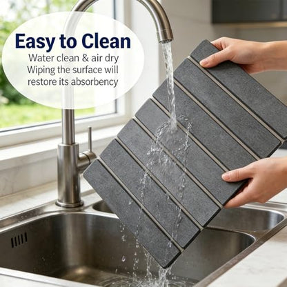 LILILI Stone Dish Drying Mat for Kitchen Counter, Foldable Fast Absorbent Diatomaceous Earth Drying Pad, Non-Slip Kitchen Counter Mat for Dishes, Utensils, Space-Saving, Quick Dry,16" x 12"