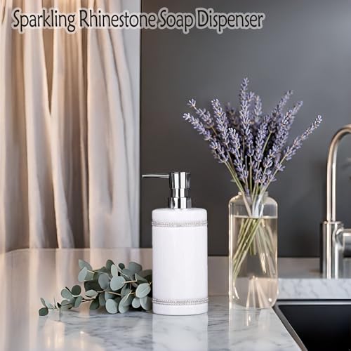 17 OZ Hand Liquid&Lotion Soap Dispenser Pump Bottle Ceramic White for Kitchen Bathroom Countertop Laundry Room Holds Dish Soap Shampoo Laundry Liquid Shower Gel (Inlaid Rhinestone) (White) - color: White